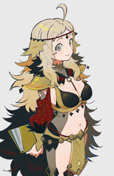  ahoge arms_behind_back blonde_hair book breasts commentary_request female fire_emblem fire_emblem_fates fire_emblem_heroes from_side grey_eyes guu_(hakahonoo) highres holding holding_book long_hair looking_at_viewer medium_breasts midriff navel official_alternate_costume ophelia_(fire_emblem) ophelia_(starlit_maiden)_(fire_emblem) solo swept_bangs 