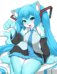  2023 alternate_species alternative_fashion anthro barefoot blush bottomwear breasts clothed clothing cyberpop digital_media_(artwork) domestic_cat feet felid feline felis female female_anthro fur furrification hair hatsune_miku hi_res horokusa0519 j-fashion kemono looking_at_viewer mammal paw_pose pose skirt solo tail thick_thighs twintails_(hairstyle) vocaloid 