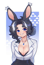  animal_ears artist_name black_bra black_hair black_skirt blue_eyes blush bra breasts cleavage collared_shirt dress_shirt female highres jewelry large_breasts long_sleeves m_(sharktuna) multicolored_hair necklace office_lady original parted_lips rabbit_ears rabbit_girl sharktuna shirt shirt_tucked_in skirt smile solo streaked_hair thick_eyebrows underwear white_shirt 