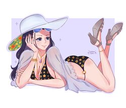  artist_name bikini black_hair blue_eyes bracelet cardigan_on_shoulders closed_mouth commentary crossed_legs eyelashes eyewear_on_head female floral_print full_body hat high_heels highres jewelry long_hair looking_to_the_side lying necklace nico_robin o-ring on_stomach one_piece pink_lips purple_background smile solo sparkle sukebandamn swimsuit 