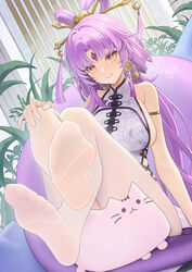  alternate_breast_size armlet bare_shoulders breasts catsmoon closed_mouth commentary_request embarrassed feet female foot_focus foreshortening fu_xuan_(honkai:_star_rail) hair_ornament highres honkai:_star_rail honkai_(series) large_breasts long_hair looking_at_viewer pantyhose parted_bangs presenting_foot purple_hair revision sideboob sitting sleeveless soles solo thighs toes white_pantyhose yellow_eyes 