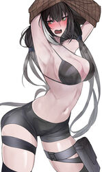  armpits arms_up bad_anatomy bike_shorts bikini black_bikini black_hair breasts cleavage female girls&#039;_frontline heterochromia highres long_hair looking_at_viewer low_twintails midriff multicolored_hair navel open_mouth pouch ribbed_sweater ro635_(girls&#039;_frontline) ro635_(mod3)_(girls&#039;_frontline) short_shorts shorts streaked_hair swavigg sweater swimsuit thigh_pouch thigh_strap twintails undressing unworn_clothes white_background white_hair 