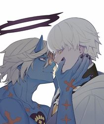  2boys ark1478 asuka_r._kreutz black_halo blue_horns blue_skin chest_tattoo closed_mouth colored_skin dark_halo grey_hair guilty_gear guilty_gear_strive hair_between_eyes halo happy_chaos heart heart_tattoo highres horns male_focus medium_hair multiple_boys one_eye_covered orange-tinted_eyewear short_hair simple_background smile spiked_halo tattoo tinted_eyewear upper_body white_hair x-shaped_eyewear yaoi yellow_eyes 