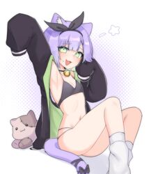  absurdres animal_ears armpits bell black_bra black_hairband black_jacket black_panties bra cat_ears cat_girl cat_tail colored_inner_hair female green_eyes green_hair hairband highres indie_virtual_youtuber jacket long_sleeves looking_at_viewer multicolored_hair navel neck_bell nyaivie oversized_clothes panties purple_hair short_hair shwaa sleeves_past_fingers sleeves_past_wrists stomach stuffed_animal stuffed_cat stuffed_toy sweat tail two-tone_hair underwear virtual_youtuber 