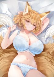  :3 animal_ear_fluff animal_ears bed_sheet blonde_hair blush bra breasts cleavage closed_mouth cowboy_shot female fox_ears fox_tail highres large_breasts looking_at_viewer multiple_tails navel panties sarasadou_dan short_hair smile solo tail touhou underwear underwear_only white_bra white_panties yakumo_ran yellow_eyes 