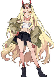  absurdres bare_shoulders black_footwear black_skirt blonde_hair boots breasts commentary_request crop_top facial_mark fate/grand_order fate_(series) female forehead_mark full_body highres horns ibaraki_douji_(fate) jacket long_hair looking_at_viewer miniskirt navel off_shoulder oni oni_horns open_clothes open_jacket simple_background skirt small_breasts smile solo tattoo terasako very_long_hair white_background yellow_eyes 