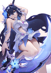  asc11 bare_shoulders black_hair blue_eyes blue_flower blue_hair blue_nails breasts chinese_commentary closed_mouth dress female flower hair_between_eyes hair_flower hair_ornament highres holding holding_scythe holding_weapon honkai_(series) honkai_impact_3rd long_hair looking_at_viewer medium_breasts scythe seele_vollerei seele_vollerei_(herrscher_of_rebirth) simple_background sleeveless sleeveless_dress smile solo thighs underboob very_long_hair weapon white_background white_dress 