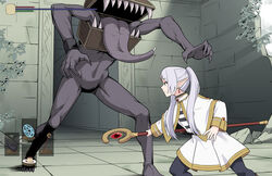  1other black_pantyhose brick_wall capelet closed_mouth copyright_request dark_souls_(series) dark_souls_i earrings elf female frieren frieren_stuck_in_a_mimic_(meme) grey_hair holding holding_staff indoors jewelry long_hair long_sleeves meme mimic mimic_(dark_souls) monster open_mouth pantyhose pointy_ears sharp_teeth shiseki_hirame sousou_no_frieren staff sweat teeth tongue tongue_out twintails white_capelet 