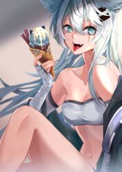  absurdres animal_ears arknights bandeau breasts cleavage crop_top fangs female food gloves grey_bandeau grey_gloves grey_hair hair_between_eyes hair_ornament hairclip highres holding holding_food holding_ice_cream_cone ice_cream_cone jacket knee_up lappland_(arknights) long_hair looking_at_viewer navel off_shoulder open_clothes open_jacket open_mouth scar scar_across_eye shengyuan_03 sitting small_breasts solo stomach strapless tongue tongue_out tube_top wolf_ears wolf_girl 