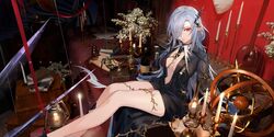  antique_phone arknights armillary_sphere between_breasts black_dress book book_stack bottle breasts candle candlestand center_opening closed_mouth cup curtains detached_collar dress drinking_glass earrings english_commentary female fire flower gladiia_(arknights) gladiia_(i_am_the_tides)_(arknights) grey_hair hair_over_one_eye hongbaise_raw jewelry long_hair looking_at_viewer mask necktie necktie_between_breasts paper phone plant plunging_neckline pointy_ears potted_plant red_eyes rotary_phone short_dress sitting solo thorns wine_glass 