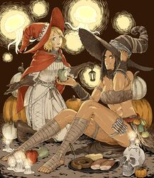  2girls abs apple arizuka_(catacombe) black_hair black_hat blonde_hair bone bracer candle cape cheese chicken_(food) chicken_leg dark-skinned_female dark_skin elden_ring food fork fruit fur_bra gloves green_eyes halloween hat highres holding holding_food holding_fruit jellyfish kneeling lantern meat medium_hair multiple_girls muscular muscular_female nepheli_loux orange_eyes pumpkin red_cape red_hat roderika_(elden_ring) sausage sitting skull witch_hat 