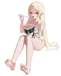  absurdres bare_arms bare_legs bare_shoulders barefoot blonde_hair breasts chinese_commentary collarbone commentary derivative_work eating feet female food foot_focus forehead fruit full_body highres holding holding_spoon kizumonogatari knees_together_feet_apart knees_up long_hair looking_at_viewer lower_teeth_only medium_breasts monogatari_(series) open_mouth orange_eyes oshino_shinobu parted_bangs petite pointy_ears ren_xiaoxin ribbon sitting slit_pupils soles solo spoon strap_slip swimsuit teeth thighs toes very_long_hair watermelon watermelon_knee_pose watermelon_seeds white_background wrist_ribbon 