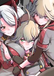  3girls absurdres admiral_hipper_(azur_lane) ahoge anger_vein azur_lane black_gloves blonde_hair bluecher_(azur_lane) blush breast_envy breasts buttons double-breasted eyes_visible_through_hair gloves green_eyes headgear highres large_breasts long_hair long_sleeves mole mole_on_breast mole_under_eye multiple_girls p.i.t.d prinz_eugen_(azur_lane) red_eyes red_hair red_scarf scarf short_sleeves sideboob sideless_shirt twintails upper_body white_hair yellow_eyes 