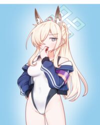  absurdres animal_ear_fluff animal_ears ass_visible_through_thighs black_jacket blonde_hair blue_archive blue_eyes blue_halo blush competition_swimsuit cowboy_shot extra_ears female groin hair_over_one_eye halo highres holding holding_whistle jacket jonasmk kanna_(blue_archive) kanna_(swimsuit)_(blue_archive) long_hair long_sleeves looking_at_viewer official_alternate_costume one-piece_swimsuit open_clothes open_jacket solo swimsuit whistle whistle_around_neck white_one-piece_swimsuit 