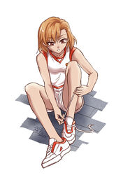  artist_name brown_eyes brown_hair dated emblem female full_body gym_shirt gym_shorts gym_uniform highres jvco_arts knees_up looking_down medium_hair misaka_mikoto parted_lips red_trim school_emblem shirt shorts sitting sleeveless sleeveless_shirt toaru_kagaku_no_railgun toaru_majutsu_no_index tokiwadai_school_gym_uniform tying_footwear white_shirt white_shorts 