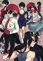  air_bubble beanie belt black_dress black_hair black_pants breasts brown_belt brown_eyes bubble cleavage closed_eyes closed_mouth clothes_around_waist collared_shirt commentary denim dress elbow_gloves english_commentary female flower gloves hat highres izumo_fuuko jacket jacket_around_waist jeans large_breasts lolicon long_hair long_sleeves looking_at_viewer looking_back medium_hair muscular muscular_female necktie open_mouth pants red_beanie red_dress red_flower red_gloves red_necktie red_rose red_shirt rose rusky shirt shorts smile sweatdrop t-shirt undead_unluck white_shirt 