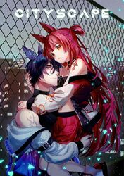  1boy adaline_(hen-tie) animal_ear_piercing animal_ears arm_belt artist_name bare_shoulders belt belt_buckle bishounen black_belt black_bra black_choker black_hoodie black_nails blue_hair blue_jacket boots bra buckle buttons choker cityscape closed_mouth collaboration commentary couple dewli english_commentary english_text female floral_print fox_ears from_side gate gloves grey_eyes grey_sky hair_rings head_on_head head_rest hen-tie highres hood hood_down hooded_jacket hoodie hug jacket lifting_person light_smile long_hair long_sleeves looking_at_viewer luthe_(dewli) nail_polish navel open_clothes open_jacket orange_eyes original outdoors pink_lips pocket puffy_long_sleeves puffy_sleeves red_hair red_jacket red_shorts short_hair shorts shoulder_tattoo sky stomach straight striped_bra striped_clothes tattoo underwear vertical-striped_bra vertical-striped_clothes watermark white_footwear white_gloves white_sleeves zipper 