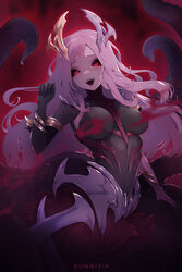  artist_name black_sclera breasts colored_sclera coven_nami female highres league_of_legends long_hair looking_at_viewer medium_breasts monster_girl nami_(league_of_legends) navel open_mouth pink_hair red_eyes ririsaurus scylla sharp_teeth teeth tentacle upper_teeth_only 