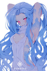  arm_tattoo armpits arms_behind_head artist_name blue_hair breasts cleavage cleavage_cutout clothing_cutout cloud_tattoo female glowing glowing_eyes jinx_(league_of_legends) league_of_legends long_hair looking_at_viewer meme_attire pink_eyes ririsaurus shiny_skin simple_background small_breasts smile solo stomach_tattoo sweater tattoo teeth turtleneck turtleneck_sweater upper_teeth_only very_long_hair virgin_killer_sweater white_background white_sweater 