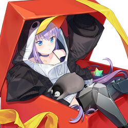  animal_hood bare_shoulders bikini bird black_bikini black_jacket blue_bow blue_eyes blush bow box breasts choker coffeekite collarbone commentary_request fate/grand_order fate_(series) female gift gift_box hood hood_up jacket long_hair long_sleeves looking_at_viewer meltryllis_(fate) meltryllis_(swimsuit_lancer)_(fate) meltryllis_(swimsuit_lancer)_(first_ascension)_(fate) penguin penguin_hood prosthesis prosthetic_leg purple_hair saint_quartz_(fate) sleeves_past_fingers sleeves_past_wrists small_breasts solo swimsuit thighs very_long_hair 