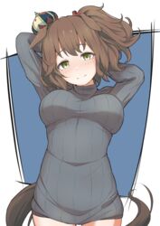  absurdres animal_ears arms_behind_head aston_machan_(umamusume) black_sweater blue_background breasts brown_hair commentary_request crown female highres horse_ears horse_girl large_breasts long_sleeves looking_at_viewer shijimi_(sijimi1917) short_hair side_ponytail solo sweater turtleneck turtleneck_sweater two-tone_background umamusume white_background 