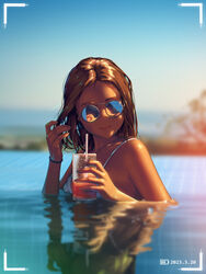  a.x. battery_indicator bikini blue-tinted_eyewear blurry blurry_background brown_hair closed_mouth commentary_request cup dated day drinking_straw evening female holding holding_cup lake long_hair original outdoors partially_submerged round_eyewear smile solo sunglasses swimsuit tinted_eyewear viewfinder water white_bikini 