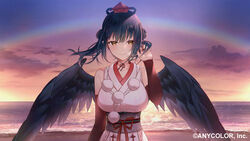  bare_shoulders beach black_hair black_wings breasts brown_eyes closed_mouth detached_sleeves double_bun feathered_wings female hair_bun hat japanese_clothes kimono koori_(superumaice) large_breasts long_hair looking_at_viewer nijisanji obi ocean official_art pom_pom_(clothes) rainbow red_hat sash sleeveless sleeveless_kimono smile solo sunset tokin_hat twintails virtual_youtuber wings yamagami_karuta yamagami_karuta_(1st_costume) 