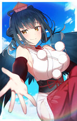  absurdres bare_shoulders beckoning black_hair black_wings blue_sky breasts closed_mouth commentary_request detached_sleeves double_bun feathered_wings female flying hair_bun hakama hakama_pants highres hip_vent impossible_clothes japanese_clothes kimono koori_(superumaice) large_breasts long_hair looking_at_viewer nijisanji obi offering_hand pants partial_commentary pom_pom_(clothes) reaching reaching_towards_viewer red_hakama red_pants red_sleeves sash sky sleeveless sleeveless_kimono smile solo twintails underbust virtual_youtuber white_kimono wings yamagami_karuta yamagami_karuta_(1st_costume) yellow_eyes 