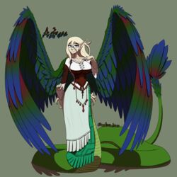  1:1 absurd_res anthro apode azata blonde_hair clothing corset draconcopode dress feathered_tail feathers female hair hi_res humanoid_pointy_ears lamia legless lillend lingerie looking_at_viewer medicinal_succ multicolored_body multicolored_feathers reptile scalie serpentine snake solo split_form tail topwear wings 