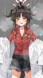  ahoge black_hair black_horns black_shorts blue_archive blush coat collared_shirt demon_horns emu_1316 female flat_chest hair_intakes halo highres horns kasumi_(blue_archive) lab_coat long_hair open_mouth red_halo red_shirt shirt shirt_tucked_in shorts solo white_coat yellow_eyes 