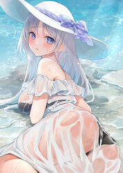  artist_name ass bag bare_shoulders beach black_bra black_panties blue_eyes blush bow bra bra_visible_through_clothes breasts day dress feet_out_of_frame female frilled_dress frills from_side handbag hat hat_bow highres large_breasts long_hair looking_at_viewer looking_to_the_side lying off-shoulder_dress off_shoulder on_side original outdoors panties parted_bangs parted_lips plaid plaid_bow purple_bow see-through solo straight_hair sun_hat sundress sunlight swept_bangs underwear water wet wet_clothes wet_dress white_dress white_hair yukimiya_yuge 