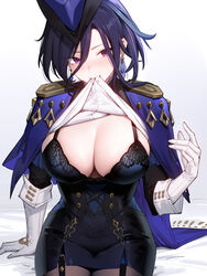  95--- black_bra black_corset black_pantyhose blue_cape blue_hair blue_hat bra breasts cape cleavage clorinde_(genshin_impact) corset dangle_earrings dark_blue_hair earrings elbow_gloves epaulettes female fold-over_gloves genshin_impact gloves hat high-waist_skirt highres jewelry large_breasts long_hair low_ponytail mouth_hold pantyhose pencil_skirt purple_eyes shirt simple_background sitting skirt solo tricorne underwear white_gloves white_shirt 