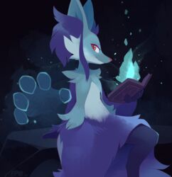  2023 ambiguous_gender anthro arm_tuft b-epon big_ears blue_body blue_fire blue_fur book cheek_tuft colored_fire delphox digital_media_(artwork) facial_tuft fan_character fire fur generation_6_pokemon hi_res holding_book holding_object inner_ear_fluff looking_at_viewer magic_user markings multicolored_body nintendo nude okami_(mitsuyoshicf) pokemon pokemon_(species) purple_body purple_fur purple_inner_ear_fluff red_eyes signature sitting smile solo spellbook tuft 