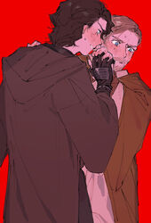  2boys anakin_skywalker averting_eyes beard blonde_hair blue_eyes blush brown_hair commentary embarrassed facial_hair highres holding_hands jedi looking_to_the_side male_focus mole mole_under_eye moustache multiple_boys obi-wan_kenobi parted_lips red_background short_hair simple_background sknmgr standing star_wars star_wars:_revenge_of_the_sith yaoi 