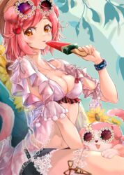  :p absurdres animal animal_ears arknights bikini blue_shorts blush bracelet breasts cat_ears cat_girl cat_tail cleavage eyewear_on_head feline female floppy_ears flower food food-themed_hair_ornament goldenglow_(arknights) goldenglow_(summer_flowers)_(arknights) hair_ornament highres holding holding_food holding_ice_cream ice_cream infection_monitor_(arknights) jewelry large_breasts looking_at_viewer navel pink_hair popsicle round_eyewear shengyuan_03 short_hair shorts sitting solo stomach sunglasses swimsuit tail tongue tongue_out watermelon_bar watermelon_hair_ornament white_bikini yellow_eyes yellow_flower 