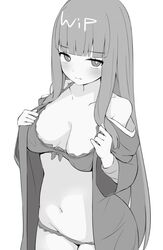  bra breasts cleavage closed_mouth female fern_(sousou_no_frieren) greyscale medium_breasts monochrome navel panties simple_background solo sousou_no_frieren underwear white_background xlyami 