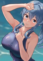  bare_shoulders blue_eyes blue_hair blush breasts collarbone commentary_request female gotland_(kancolle) hair_between_eyes kantai_collection large_breasts long_hair looking_at_viewer mole mole_under_eye one-piece_swimsuit shiromaru_(maniado) smile solo swimsuit 