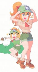  absurdres belt_buckle blonde_hair blush book breasts brown_footwear buckle bush english_commentary fangs fangs_out female goomba goombella green_shorts hard_hat hat headlamp helmet highres humanization inkerton-kun long_hair mario_(series) mining_helmet oerba_yun_fang open_mouth overalls paper_mario paper_mario:_the_thousand_year_door pointy_ears ponytail red_ribbon ribbon shirt shoes shorts simple_background smile striped_clothes striped_headwear thick_eyebrows 