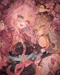  2girls bird chinese_clothes detached_sleeves duck flower gradient_eyes grey_hair highres honkai:_star_rail honkai_(series) ichigoh looking_at_viewer march_7th_(honkai:_star_rail) march_7th_(hunt)_(honkai:_star_rail) multicolored_eyes multiple_girls official_alternate_costume official_alternate_hairstyle pink_eyes pink_hair plant sitting smile stelle_(honkai:_star_rail) trailblazer_(honkai:_star_rail) v yellow_eyes 