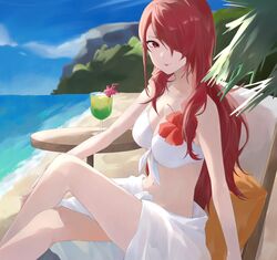  bare_arms bare_legs bare_shoulders beach beach_chair bikini blue_sky breasts cleavage closed_mouth commentary_request crossed_legs drink drinking_straw feet_out_of_frame female flower from_side front-tie_bikini_top front-tie_top hair_over_one_eye highres horizon kirijou_mitsuru konchi_(63438789) long_hair looking_at_viewer looking_to_the_side medium_breasts navel ocean official_alternate_costume outdoors palm_tree persona persona_3 red_eyes red_flower red_hair sand sarong sitting sky smile solo stomach swimsuit tree white_bikini white_sarong 