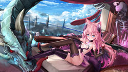  absurdres alcohol animal_ears bare_shoulders bird black_gloves black_thighhighs blue_eyes boots bottle breasts castle chair chest_tattoo chinese_commentary choker cloud cup demon_girl dragon drinking_glass earrings fantasy feather_boa feathered_wings female full_body gloves hair_between_eyes heart high_heel_boots high_heels highres holding holding_cup indie_virtual_youtuber jewelry lace_trim leg_up long_hair looking_at_viewer lounge_chair medium_breasts no_panties pink_hair revealing_clothes sakurada_hane scenery sechka skeleton sky smile tattoo thighhighs thighs tower virtual_youtuber wine wine_bottle wine_glass wings 