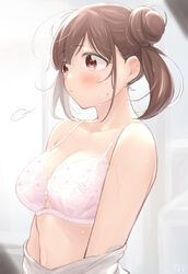  absurdres blush bra breasts brown_hair cleavage collarbone double_bun embroidered_bra female hair_bun highres idolmaster idolmaster_shiny_colors indoors kijibato_123-gou large_breasts looking_ahead pink_bra signature solo sonoda_chiyoko sweat twintails underwear undressing upper_body 