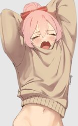  blush bottomless bow brown_sweater closed_eyes female grey_background hairbow long_sleeves navel open_mouth original out-of-frame_censoring pink_hair red_bow simple_background skeptycally solo sweater tears twitter_username yawning 