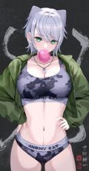  absurdres animal_ears blowing_bubbles breasts camouflage cat_ears cat_girl cleavage collarbone commission cowboy_shot dog_tags female green_eyes green_jacket grey_background grey_hair grey_sports_bra highres inaka_44 jacket jewelry looking_at_viewer medium_breasts navel necklace open_clothes open_jacket original pixiv_commission short_hair solo sports_bra underwear 