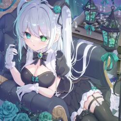  black_bow black_bowtie black_headwear black_ribbon black_shirt black_skirt black_thighhighs blouse blue_eyes blush board_game bow bowtie breasts chair chess chess_piece chessboard cleavage cleavage_cutout clothing_cutout commentary_request cowboy_shot easy_chair female flower garter_straps gem gloves gothic_lolita green_eyes green_flower green_rose grey_hair hair_ribbon hat hat_flower heterochromia highres holding_chess_piece indoors lace-trimmed_gloves lace_trim lantern light_particles lolita_fashion long_hair looking_at_viewer medium_breasts mikaze_oto miniskirt on_chair original parted_lips ribbon rose shadow shirt short_sleeves sitting skirt thigh_strap thighhighs twintails very_long_hair white_gloves zettai_ryouiki 