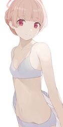  blue_archive blush bra breasts collarbone female grey_bra grey_panties hair_bun halo highres hiroki_(yyqw7151) light_brown_hair looking_at_viewer navel nodoka_(blue_archive) panties red_eyes simple_background single_hair_bun small_breasts smile solo stomach underwear underwear_only white_background 