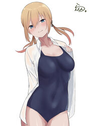  absurdres alternate_costume blue_one-piece_swimsuit breasts collared_shirt dress_shirt female green_eyes highres kantai_collection lanthan long_hair low_twintails medium_breasts new_school_swimsuit one-hour_drawing_challenge one-piece_swimsuit open_clothes open_shirt prinz_eugen_(kancolle) school_swimsuit shirt solo swimsuit twintails white_shirt 