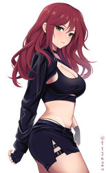  black_choker black_shorts black_sports_bra breasts choker cleavage commentary cowboy_shot crop_top female green_eyes groin highres kayra_(namu_(112namu)) large_breasts long_hair long_sleeves looking_at_viewer midriff namu_(112namu) original parted_lips red_hair short_shorts shorts shrug_(clothing) simple_background solo sports_bra standing stomach thighs white_background 