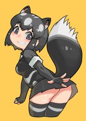  black_eyes black_gloves black_hair black_shirt black_skirt black_thighhighs cropped_legs female fingerless_gloves gloves grin highres kemono_friends looking_at_viewer looking_back miniskirt multicolored_hair necktie rinx shirt short_hair short_sleeves simple_background skirt skunk_ears skunk_girl skunk_tail smile solo spotted_skunk_(kemono_friends) tail thighhighs two-tone_hair yellow_background zettai_ryouiki 