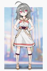  absurdres ahoge bare_arms blurry blurry_background closed_mouth commentary dress error1980 female full_body grey_hair hair_between_eyes hands_on_own_hips highres honkai_(series) honkai_impact_3rd jewelry key key_necklace long_hair looking_at_viewer necklace red_eyes sandals sleeveless sleeveless_dress smile solo standing vita_(young)_(honkai_impact) white_dress yellow_pupils 